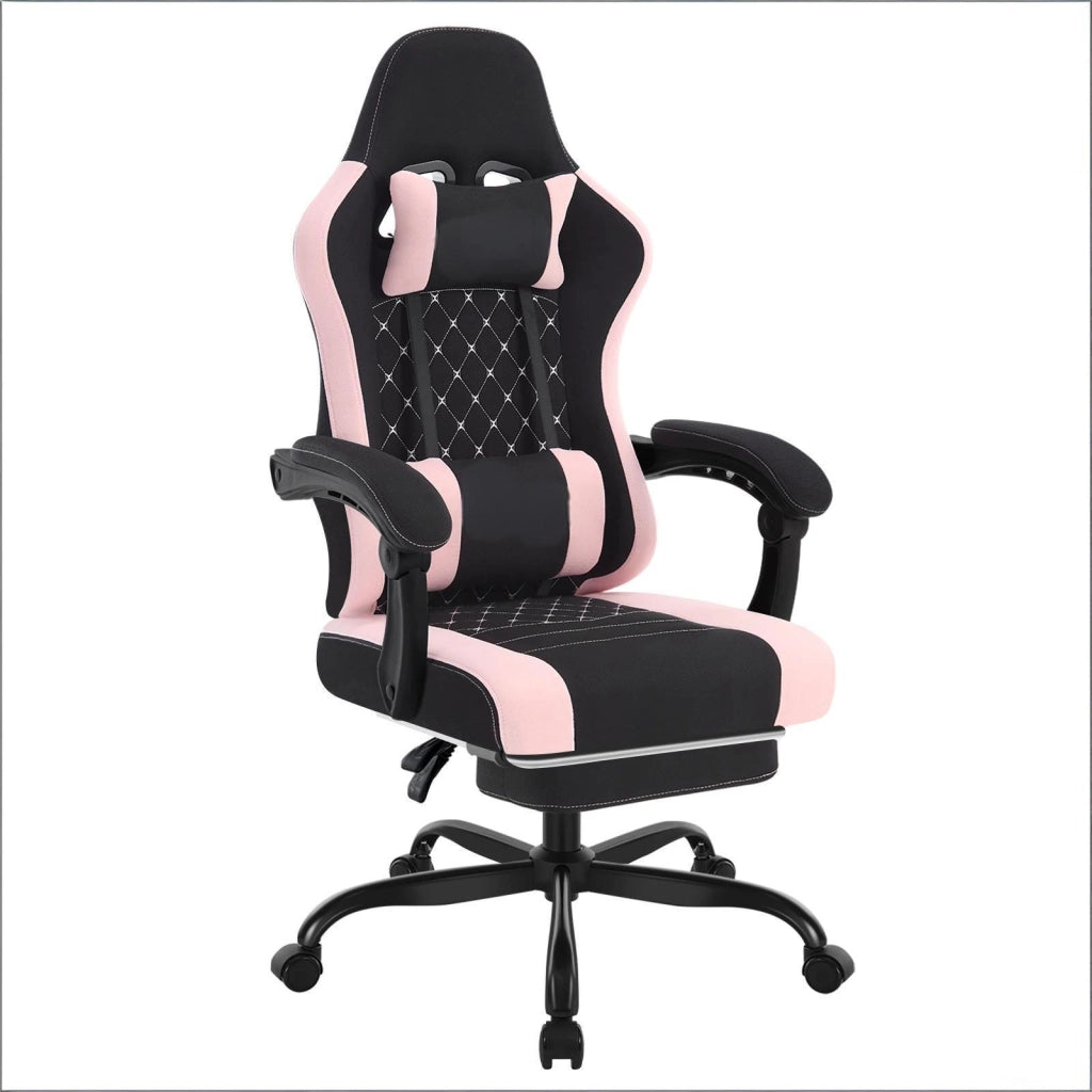 Sedia gaming ergonomica con massaggio lombare e poggiapiedi in tessuto mesh nero e rosa