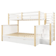 Letto a castello 90×200 cm e 140×200 cm con cassetti; contenitore e scala; senza materasso; bianco e naturale