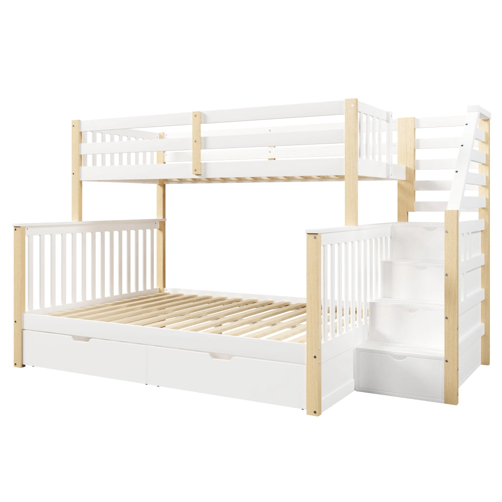 Letto a castello 90×200 cm e 140×200 cm con cassetti; contenitore e scala; senza materasso; bianco e naturale