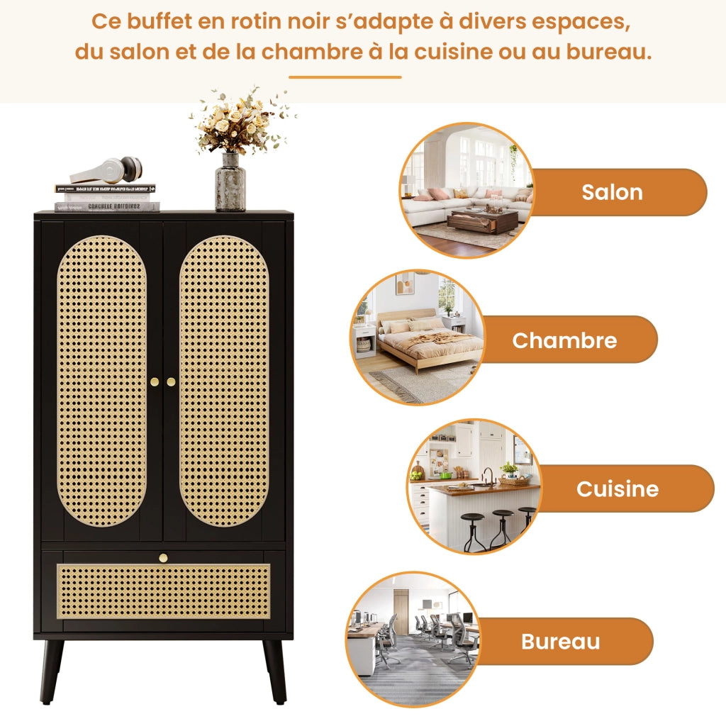 OKWISH Credenza Alta con 2 Ante e 1 Cassetto, Frontali Effetto Rattan, Piedini Regolabili, per Soggiorno, Nera, 60 x 40 x 110.5 cm