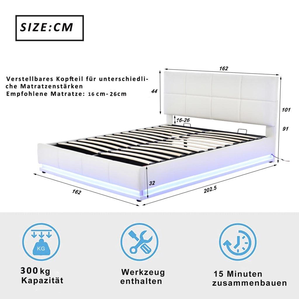 LETTO Imbottito 160x200 cm Bianco con LED e contenitore