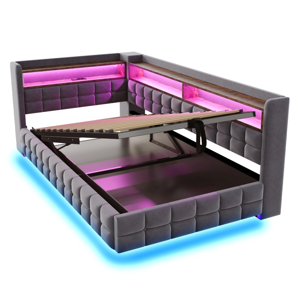 Divano letto ULEVR 90x200 cm in velluto grigio con contenitore idraulico, LED, prese USB e ripiani