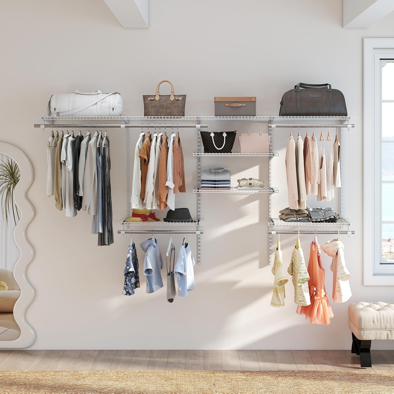 Guardaroba Parete 122-244 CM, Sistema di Organizzazione Regolabile con Asta Pendente, Appendiabiti Metallica, Sistema di Organizzazione e Stoccaggio Armadi per Camera da Letto (Bianco)