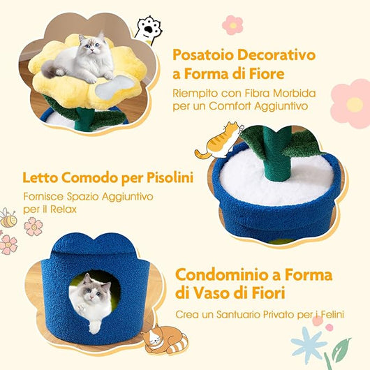 Albero per Gatti con Posatoio a Forma di Fiore, Condominio a Forma di Vaso, Tiragraffi a Forma di Stelo, Foglie Flessibili, Centro di Attività Versatile per Animali Domestici (Giallo)