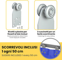 Binario Monorotaia MR3 in Ferro Zincato, Lunghezza 250cm con 6 Scorrevoli Inclusi - Ideale per Teli PVC, Tettoie, Gazebi, Pergole, Capanni