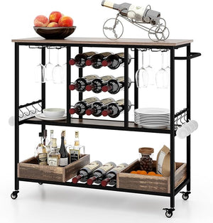 Carrello Bar a 3 Livelli, Carrello Portabevande con Portabicchieri, Portabottiglie, 8 Ganci e 2 Scatole Portaoggetti, Carrello di Vino per Cucina, Sala da Pranzo e Soggiorno