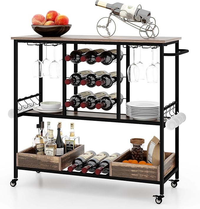 Carrello Bar a 3 Livelli, Carrello Portabevande con Portabicchieri, Portabottiglie, 8 Ganci e 2 Scatole Portaoggetti, Carrello di Vino per Cucina, Sala da Pranzo e Soggiorno