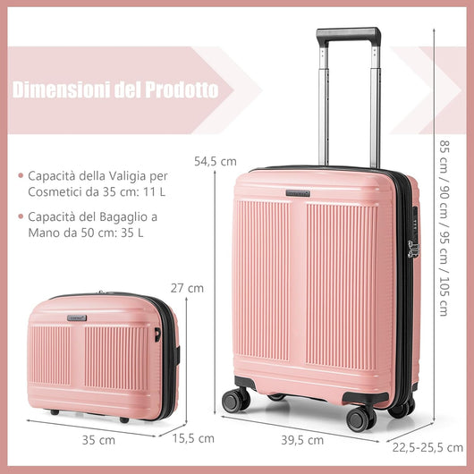 Set di Bagagli da 2 Pezzi, Valigia Trolley da 20" e Casetta da Trucco da 14" in Materiale PP Rigido Leggero con Lucchetto TSA, Porta USB e Ruote Girevoli, Bagaglio a Mano Espandibile (Rosa)