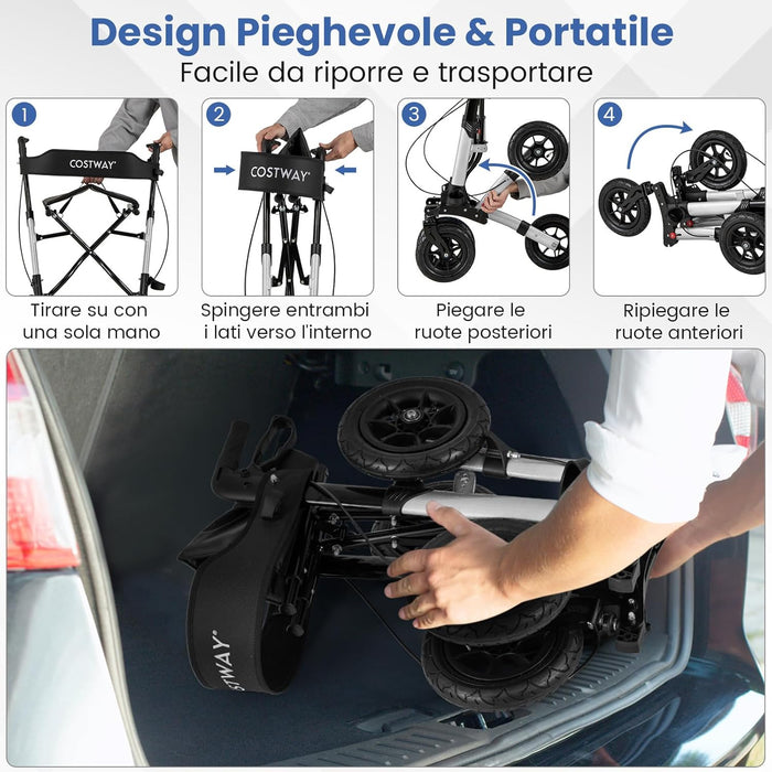 Deambulatore Pieghevole per Anziani in Alluminio, Rollator Regolabile in Altezza con Seduta, Schienale e Freni, Girello per Anziani con Borsetta, Carico Massimo 140 kg (Argento)