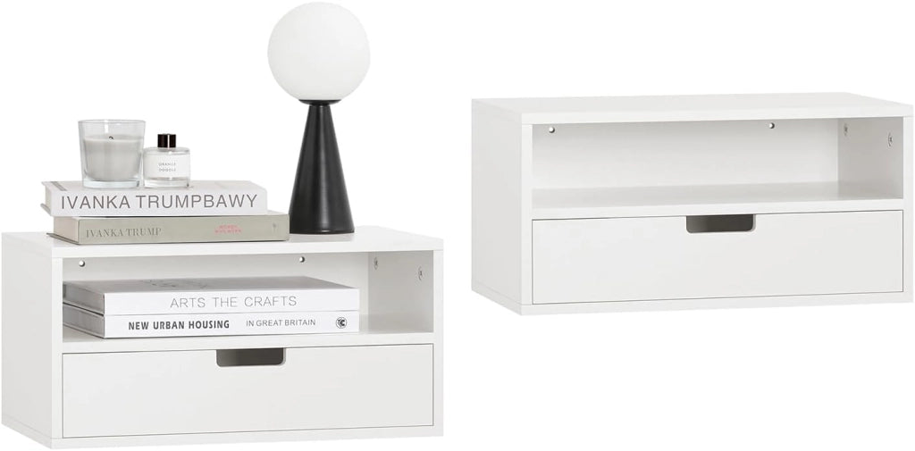 Set di 2 Comodino Sospeso - Mensola da Parete Salvaspazio con Cassetto e Ripiano Aperto, Tavolino da Letto per Camera da Letto, L45 x P25 x A22 cm, Bianco, NKD03-Wx2