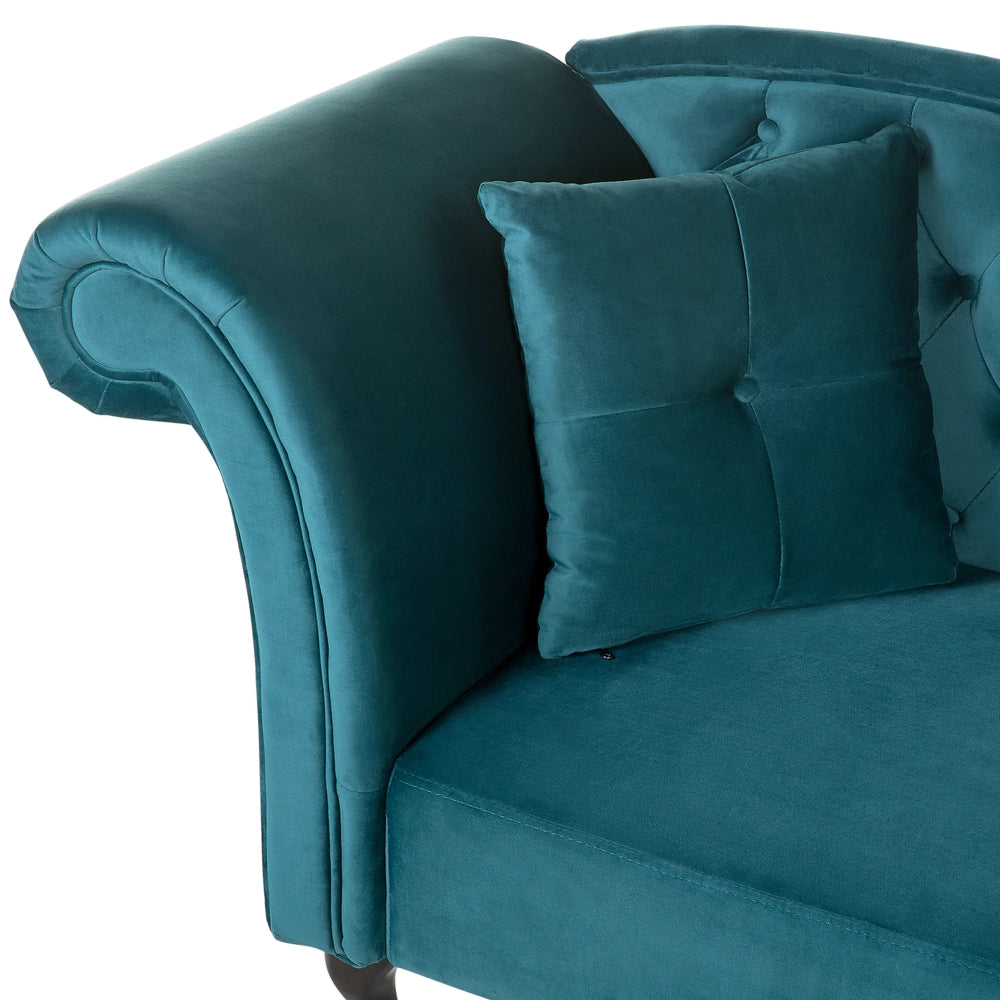Chaise longue velluto verde acqua bottone trapuntato tappezzeria braccio arrotolato versione sinistra con cuscino