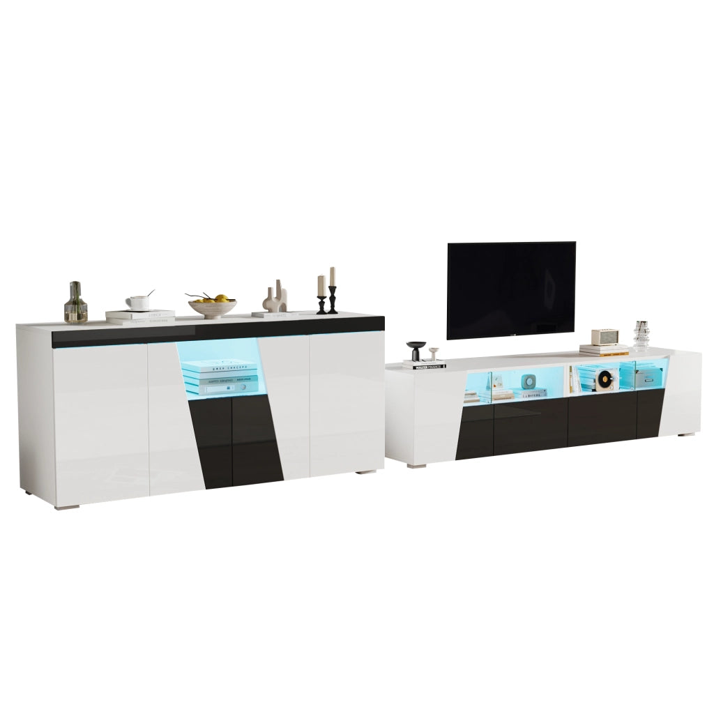 Combinazione mobile TV e sideboard con illuminazione LED bianco e nero