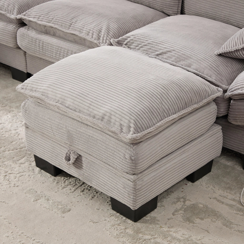 Divano Dritto 3 Posti con Pouf USB-C e Tasche Laterali in Corduroy Grigio Chiaro