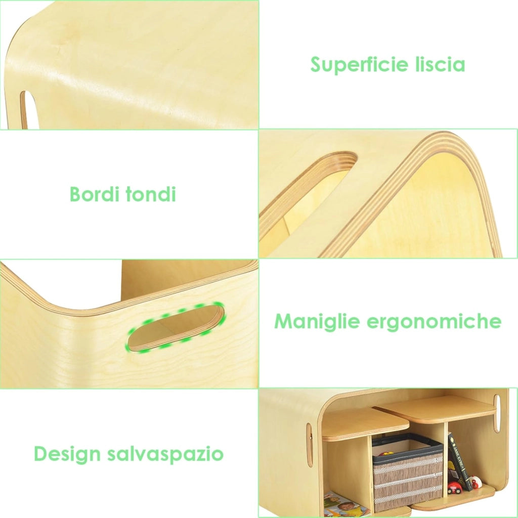 COSTWAY Set Tavolo e 2 Sedie per Bambini 2-9 Anni, Set Multiuso in Legno di Faggio con Maniglie Ergonomiche, Design Salvaspazio, Senza Montaggio, Portata 100 kg (Naturale)