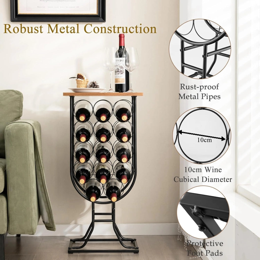 Portabottiglie per 14 bottiglie con ruote, supporto mobile per vino con telaio metallico e tavola in legno, organizer per vino per sala da pranzo, bar, cantina, 39 x 30 x 76 cm