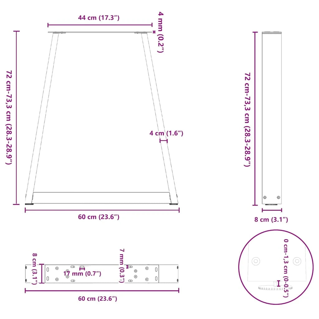 Set di 2 gambe regolabili per tavolo da pranzo a forma di V 60 x 73 cm design moderno acciaio nero 02_0056857