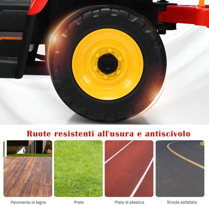 Trattore con Rimorchio Cavalcabile per Bambini 12V, Trattore Elettrico Telecomandato, con Luci e Suoni, 30kg, 3+ Anni (Rosso)