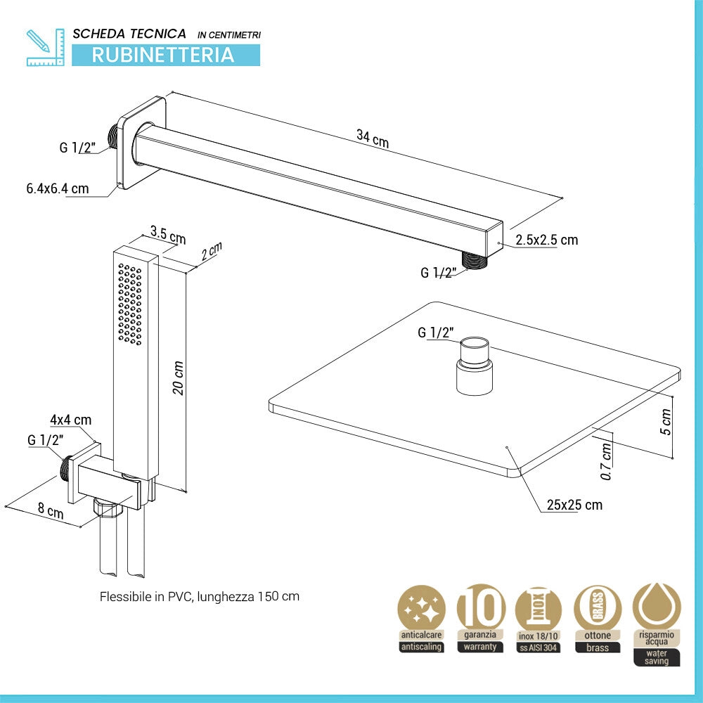 Set doccia completo 3 pezzi in acciaio inox con soffione  25x25 cm braccio doccia e kit doccino in ottone cromo lucido
