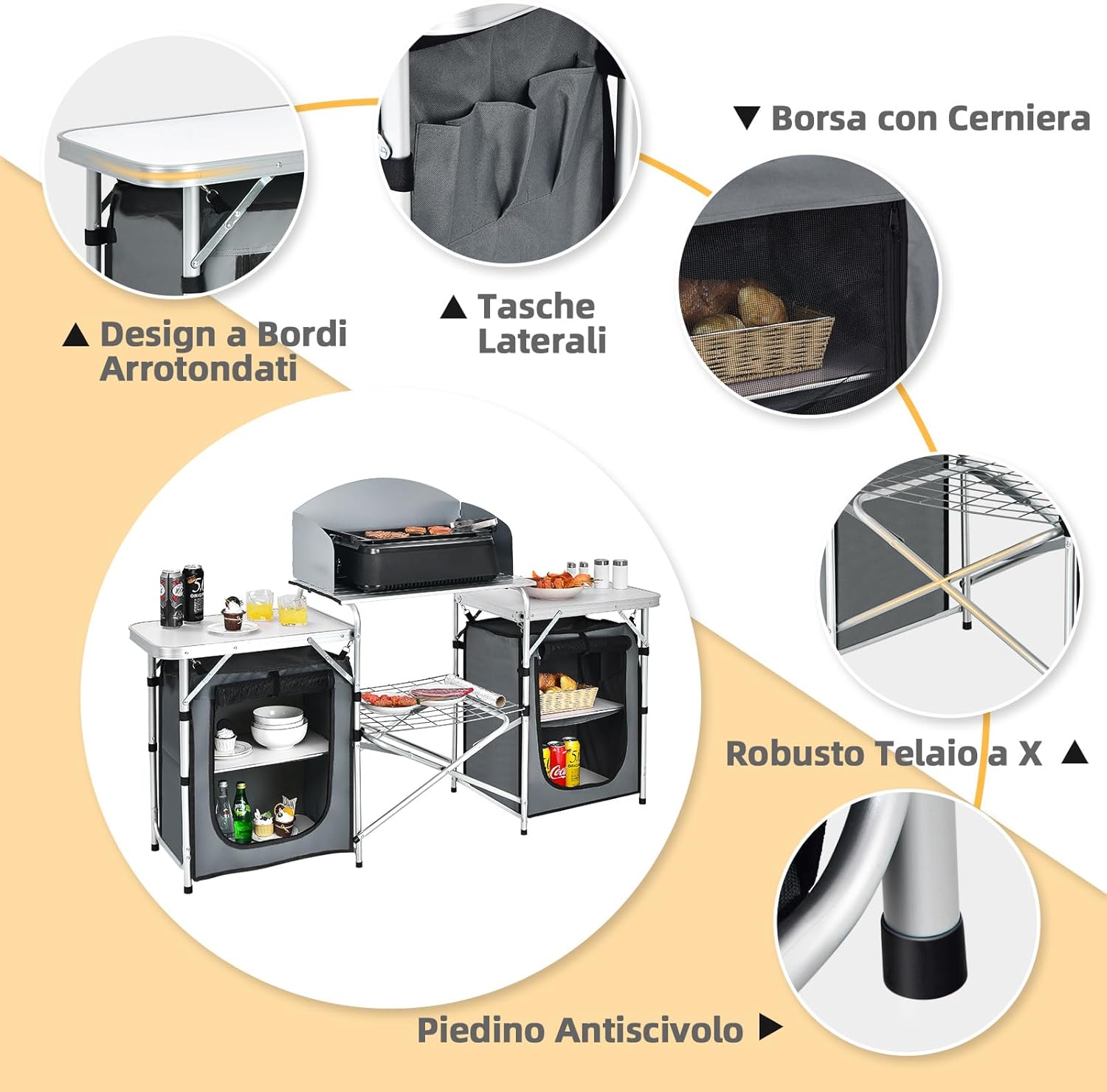 Cucina Portatile Cucina per Esterno Tavolo da Campeggio Pieghevole, Tavolo per Griglia in Alluminio, con Contenitori, per Festa Griglia e Campeggio (Grigio)