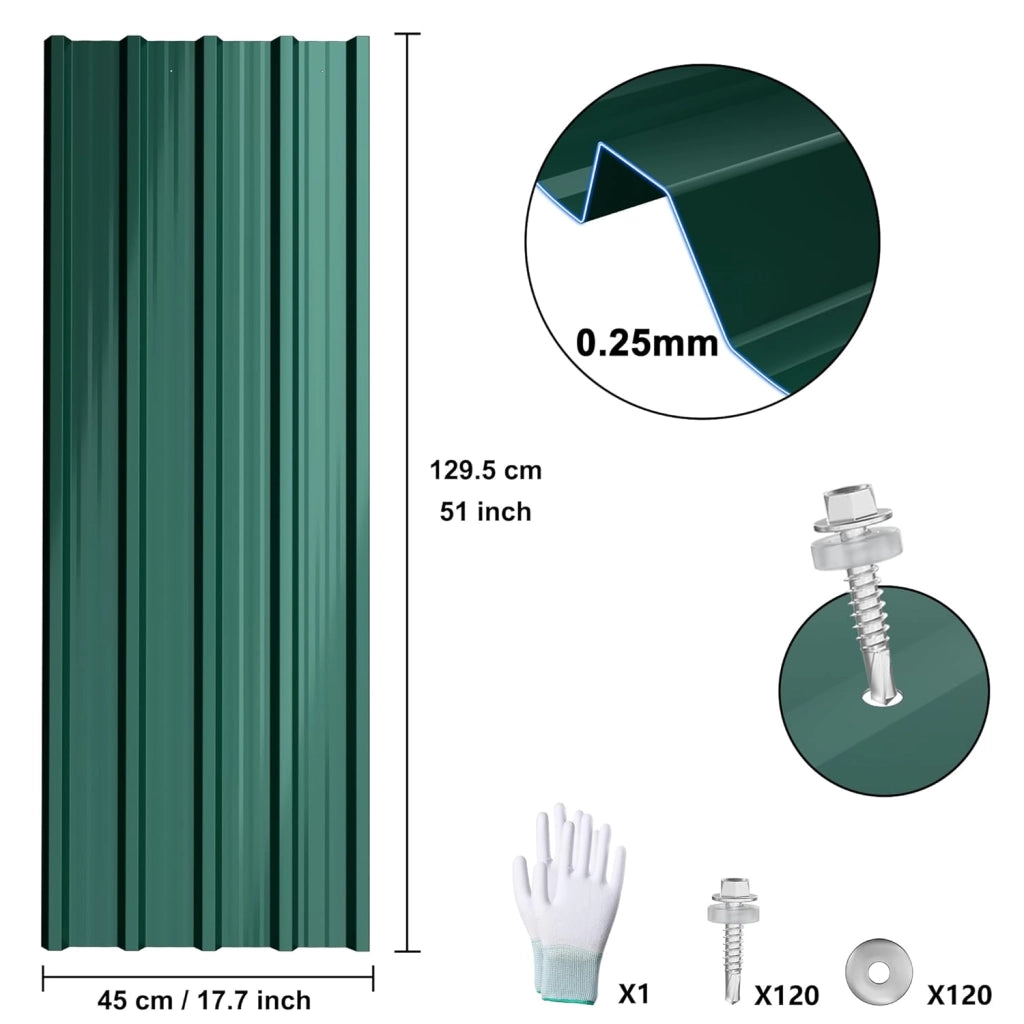 12 lamiere trapezoidali zincate, 1295 x 450 mm, per tetto con guanti e viti, piastre ondulate, 7 m², verde