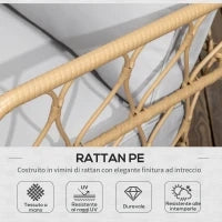 Salotto da Giardino in Rattan Stile Boho con Divano 2 Posti, 2 Poltrone e Tavolino con Vetro