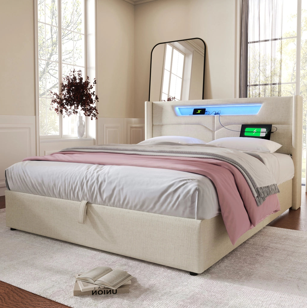 Letto matrimoniale imbottito con LED, USB e USB-C, contenitore alzabile, 160x200