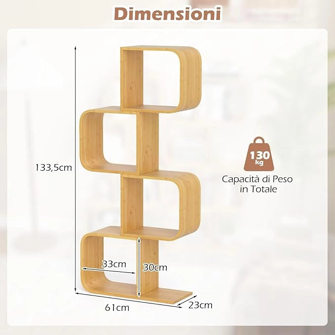 Libreria a 4 Cubi Forma di S, Libreria Bassa Scaffale in Bamboo, Libreria Design Moderna Salvaspazio da Terra, per Soggiorno, Studio e Ufficio, 61 x 23 x 133,5 cm, Naturale (4 Livelli)
