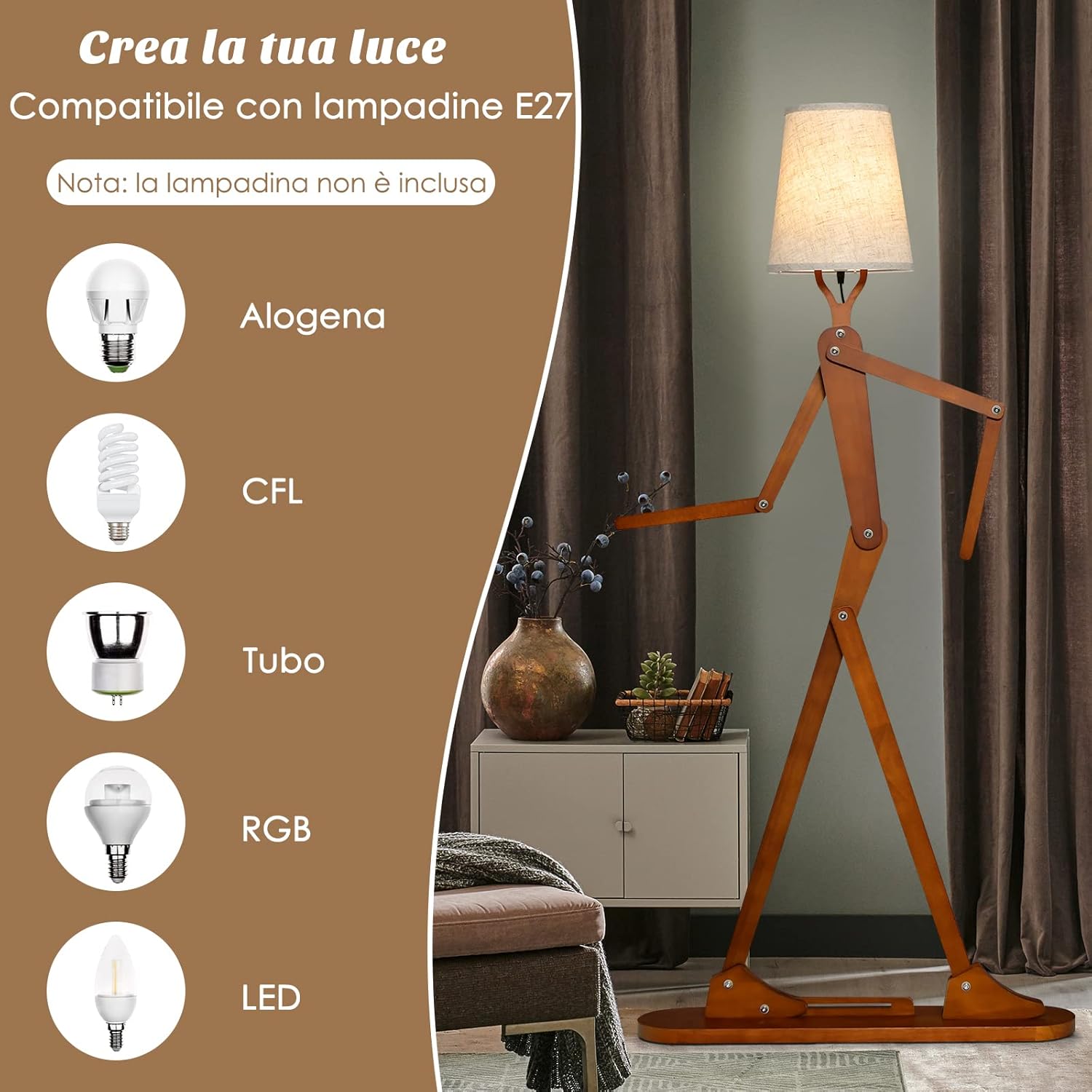Lampada da Terra in Legno, Piantana Umanoide Decorativa ad Angolo con Articolazioni Regolabili, Paralume in Tessuto e Interruttore a Pedale, Lampa a Stelo da Salotto e Camera da Letto