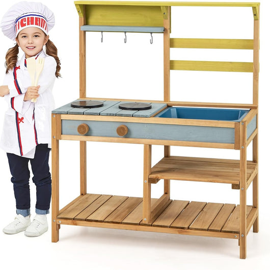 Cucina da gioco con lavello per bambini 3+ anni, Cucina in legno di pino con fornelli manopole e lavello Naturale-Cucine giocattoli