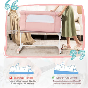 Culla Neonato Fianco Letto 3 in 1, Lettino Dondolo Neonati con Materasso, Culla da Campeggio con Ruote e Borsa, Regolabile In Altezza, Inclinazione di 10°, per Bambini 0-6 Mesi (Rosa)