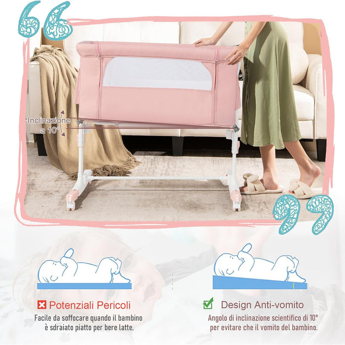 Culla Neonato Fianco Letto 3 in 1, Lettino Dondolo Neonati con Materasso, Culla da Campeggio con Ruote e Borsa, Regolabile In Altezza, Inclinazione di 10°, per Bambini 0-6 Mesi (Rosa)