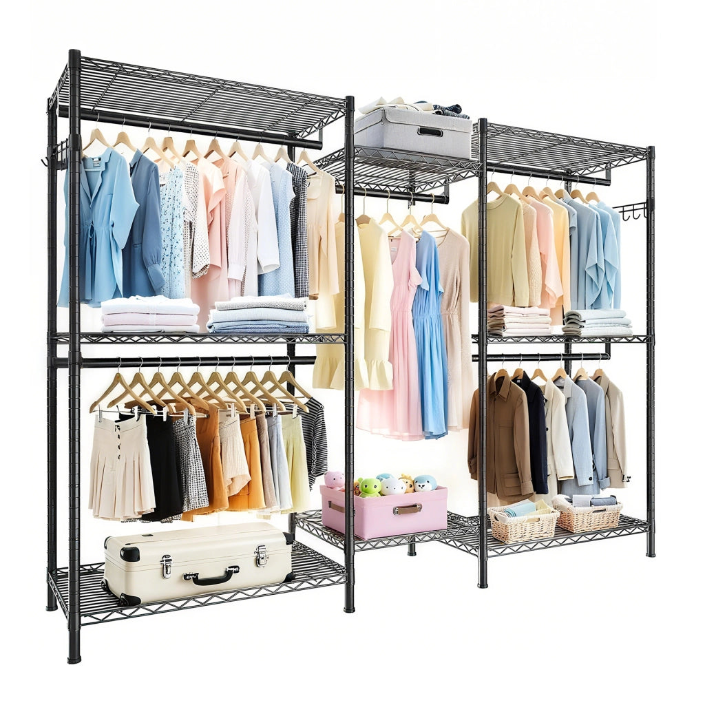 PORTA ABITI 80x46x24 cm Nero con 8 ripiani e 5 barre appendiabiti