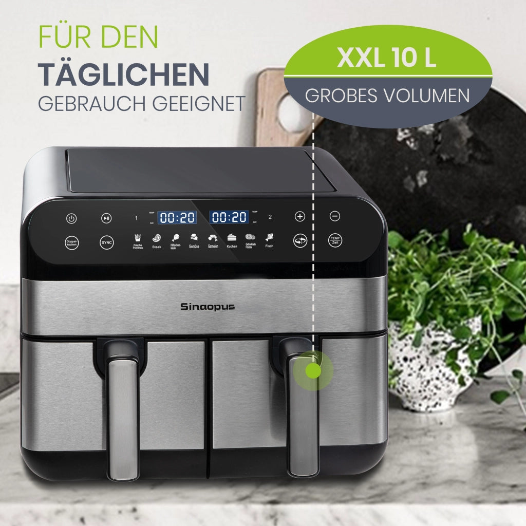 Friggitrice ad aria XXL da 10 litri con doppia zona, ideale per famiglie, con display touchscreen a LED, tempo e temperatura regolabili e 8 funzioni d