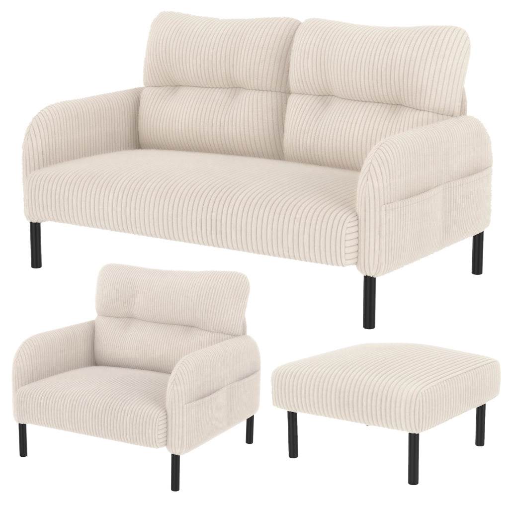 OKWISH Set da 3 Divano 2 Posti, Poltrona e Poggiapiedi con Tasca Laterale e Schienale Ergonomico, Velluto a Coste Beige