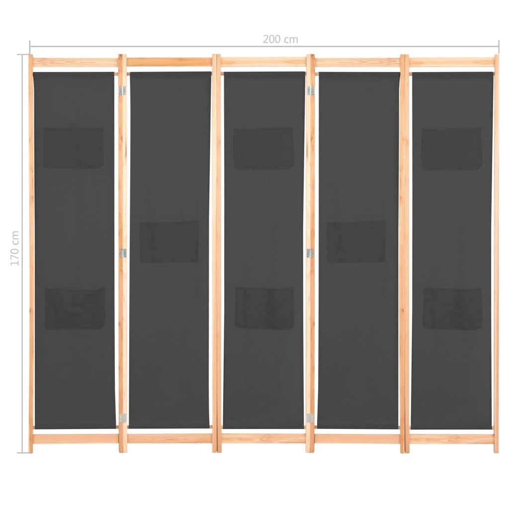 Divisorio divisorio mobile decorativo 5 pannelli grigio 200 x 170 x 4 cm tessuto 0802085