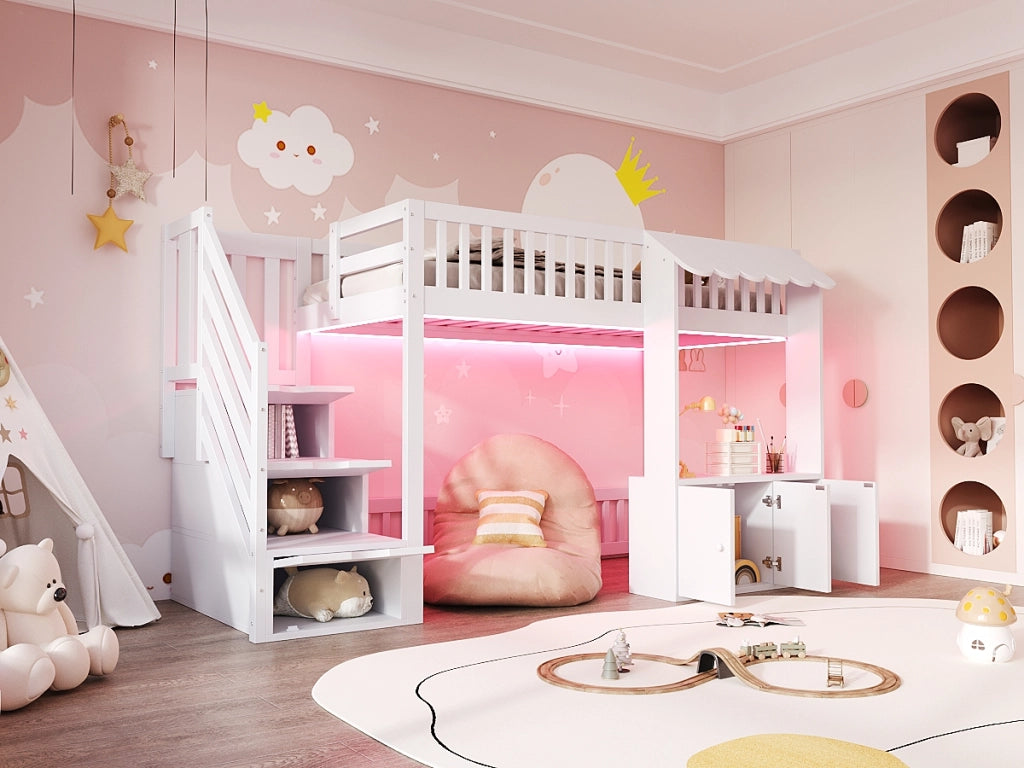 DESMIU Letto a soppalco singolo con scala contenitore, vano portaoggetti e luce LED 90 × 200 cm, senza materasso