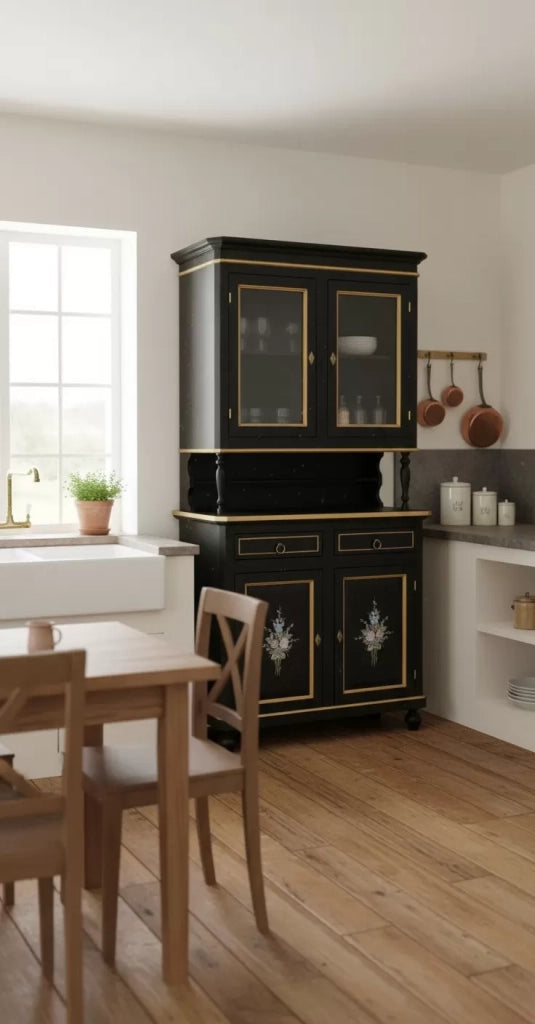 Cristalliera 2 porte shabby legno nero decorata filo oro 104x43x208 - Mobili 2G