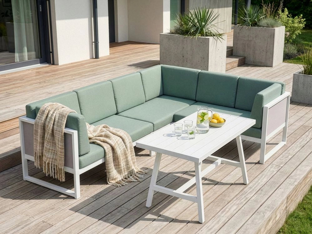 Set da salotto da giardino con tavolino bianco in alluminio bianco con cuscini verdi e tavolino stile moderno esterno