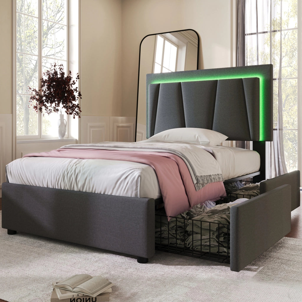 Letto singolo 90x200 cm imbottito con testiera regolabile; LED e 2 cassetti; grigio