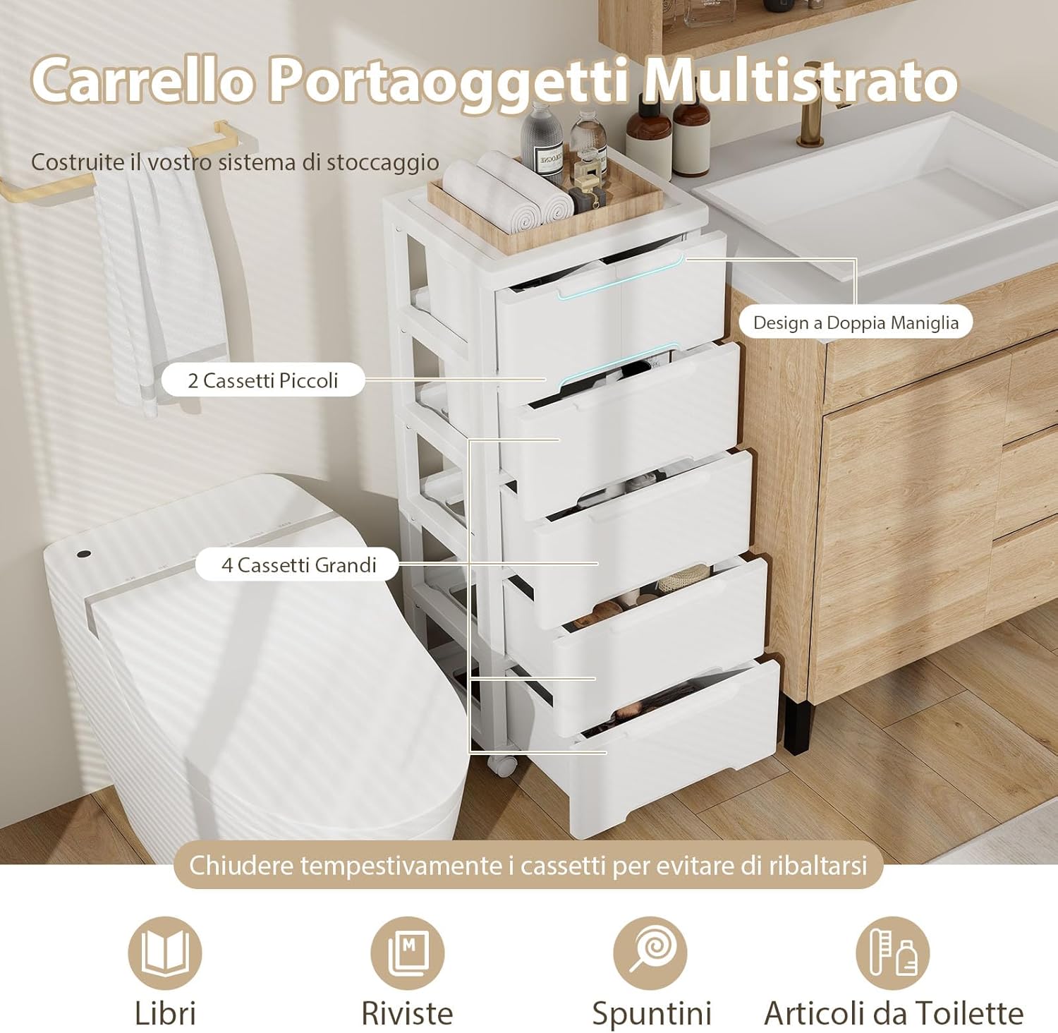 Carrello di Stoccaggio con Ruote, Cassettiera Verticale con Cassetti, Armadietto Contenitore di Stoccaggio, Organizzatore di Plastica per Casa Ufficio (5 cassetti)