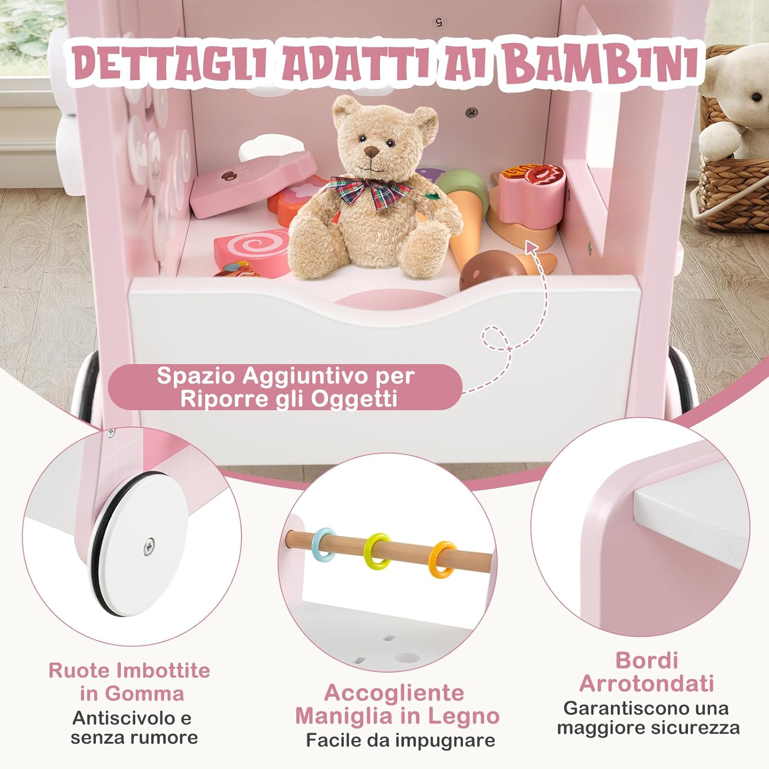 Girello 2 in 1 per Bambini, Carrello Primi Passi in Legno con Spazio di Archiviazione, Negozio di Dolci con Gelati, Cursori, Labirinto, Piatto e Cucchiaio, Centro Attività per 1+ Anni (Rosa)