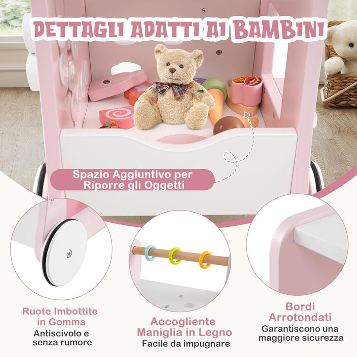 Girello 2 in 1 per Bambini, Carrello Primi Passi in Legno con Spazio di Archiviazione, Negozio di Dolci con Gelati, Cursori, Labirinto, Piatto e Cucchiaio, Centro Attività per 1+ Anni (Rosa)