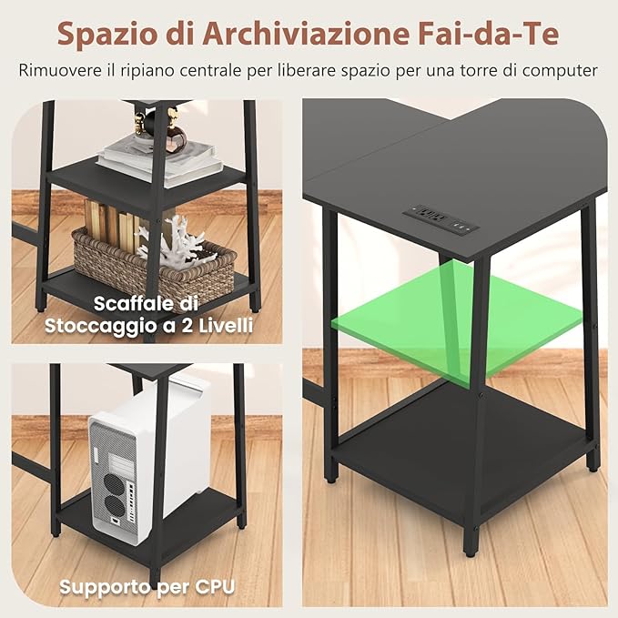 Scrivania Angolare da 120 CM, Scrivania a L per Ufficio a Casa con Prese di Corrente e Porte USB, Postazione di Lavoro con Ripiani per Lavoro, Gaming e Studio (Nero)