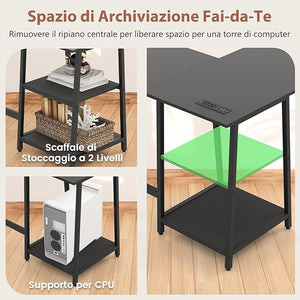 Scrivania Angolare da 120 CM, Scrivania a L per Ufficio a Casa con Prese di Corrente e Porte USB, Postazione di Lavoro con Ripiani per Lavoro, Gaming e Studio (Nero)
