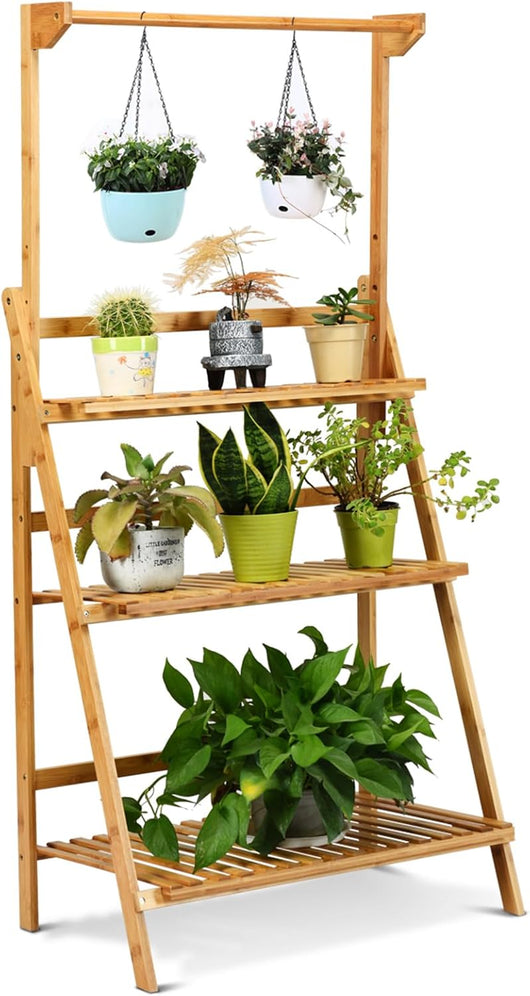 Porta Piante da Interno ed Esterno, Scaffale per Piante e Fiori a 3 Ripiani con Asta Rimovibile, Porta Vasi Pieghevole da Balcone, Giardino e Salotto, 70 x 40 x 144 cm