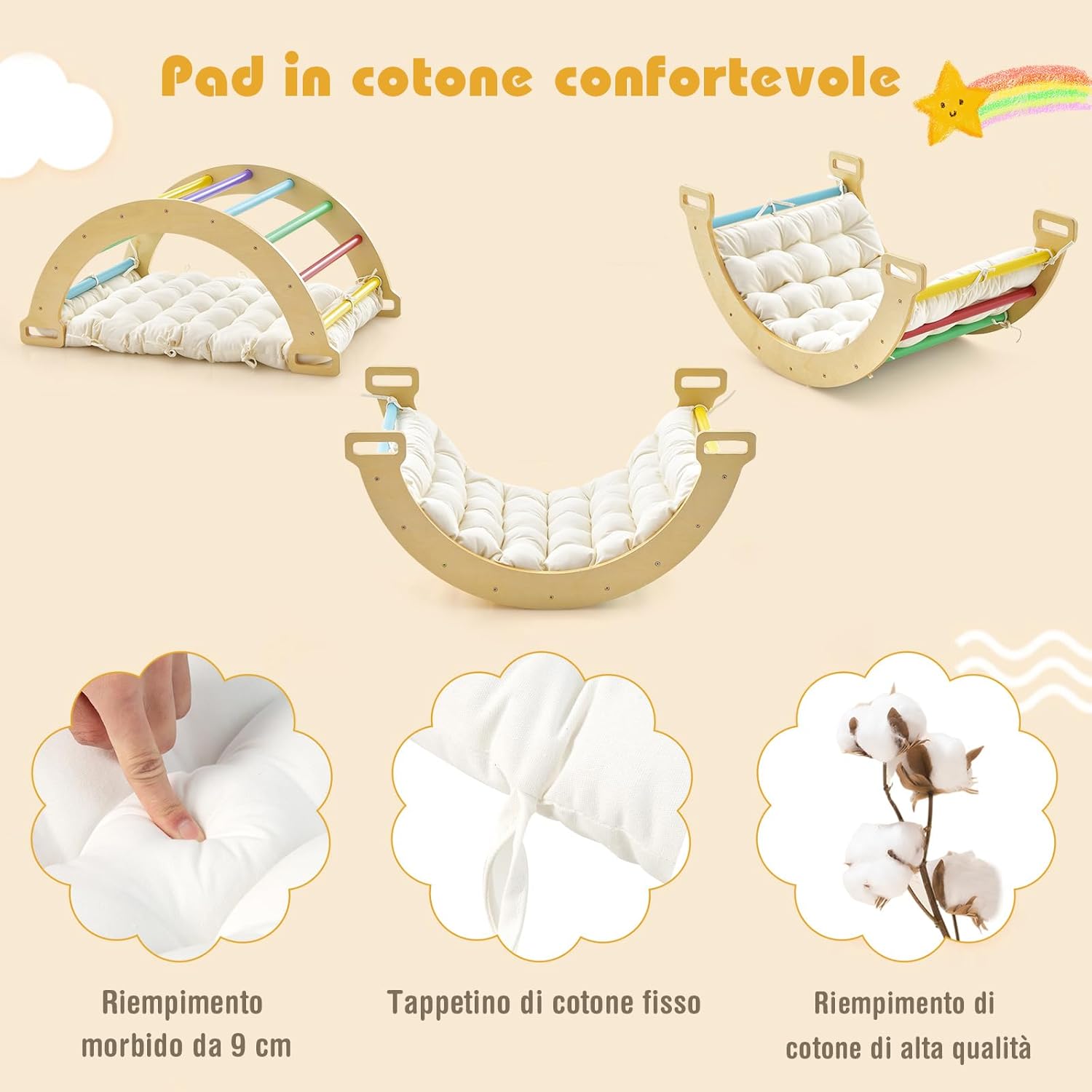 Arco da Arrampicata per Bambini, 2 in 1 Altalena ad Arco in Legno con Cuscino Morbido, Doppia Faccia, Ideale per Bambini 1+ Anni (Colorato)