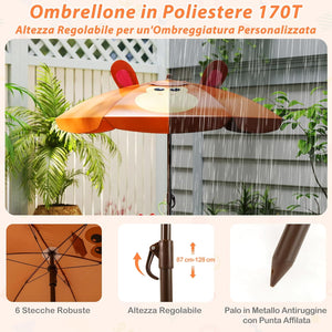 Set Tavolo da Giardino Bambini con 2 Sedie Pieghevoli, Tavolino da Esterno con Ombrellone in Poliestere Regolabile in Altezza, Set Mobili da Giardino per Bambini 3-6 Anni (Scimmia, Marrone)