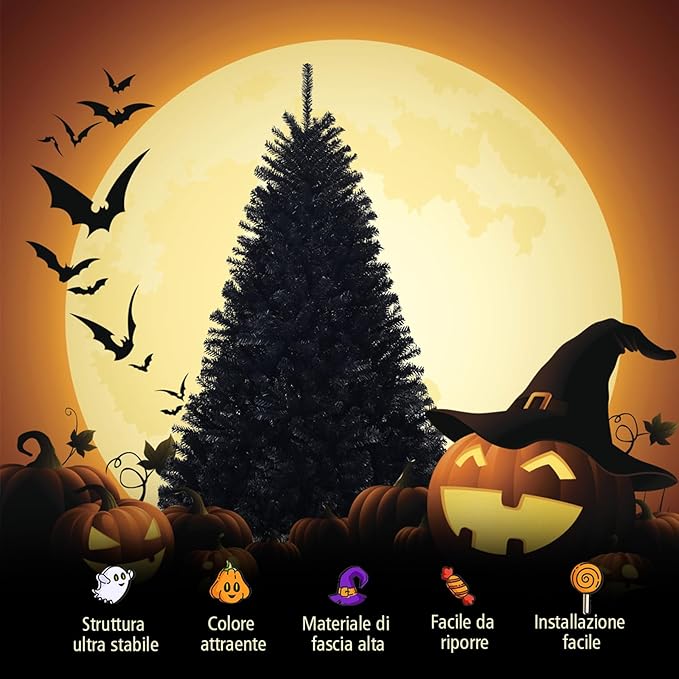 Albero di Natale Nero 180/225 cm, Albero di Natale con 1036/1258 Rami Folti e Base di Metallo con Cuscinetti Antiscivolo, Albero di Natale Realistico per Halloween (180x Ø112cm)