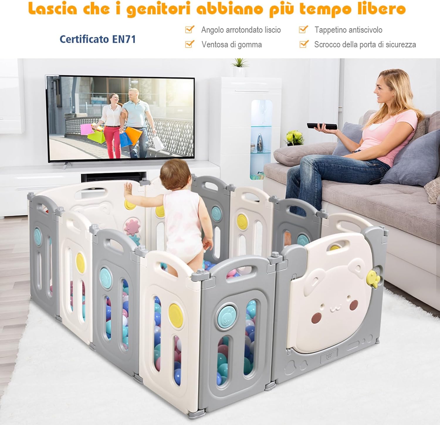 Recinto per Bambini da Giocare, Box Pieghevole Centro di Attività per Bambini, Porta con Chiusura e Giocattoli, Ecologico, da Interni ed Esterni (12Pannelli)