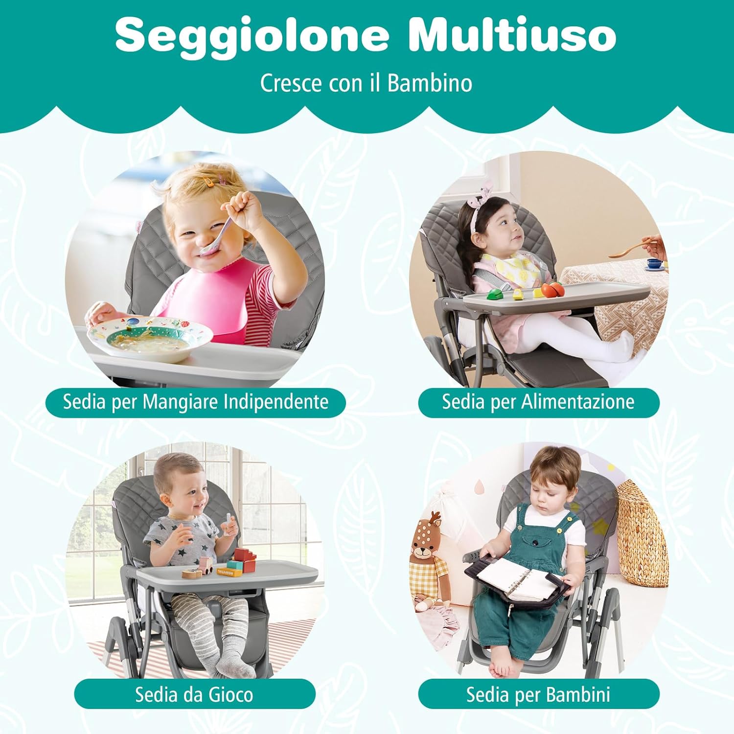Seggiolone Pieghevole per Bambini, Portatile Regolabile con Poggiapiedi, Seggiolone con Vassoio Staccabile, Cuscino Sede in PU, Cintura di Sicurezzae Ruote Incorporate, Portata 15 kg (Grigio)